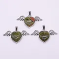 Unakite heart stone pendant with silver angel wings in a three-piece jewelry set - 30x53mm / Unakite