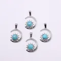 Silver boho moon and sun pendants with blue turquoise stone in a set of four pieces - Blue Turquoise