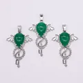 Three gothic silver pendants with teardrop green stone and bat wing details - Green Jasper