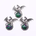 Silver dragon pendant with green and purple gemstone for DIY necklaces and jewelry - Ruby Zoisite