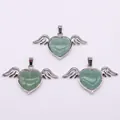 Green natural stone heart pendant with silver angel wings detail and bail hook - 30x53mm / Green Aventurine