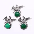 Silver Viking dragon pendant featuring a smooth green natural stone inlay set - Malay Jade