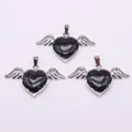 Three-piece set of heart-shaped marble stone pendants with silver angel wings for DIY - 30x53mm / Black Line Howlite