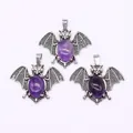 Drie antieke zilveren vleermuis hangers met paarse ovale kristallen voor DIY-sieraden - Amethist