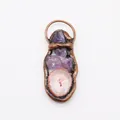 Close-up of handmade bronze pendant with raw purple crystals and pink agate slice detail - Bronze Amethyst and Pink Mineral (No. 5)