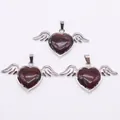 Red jasper heart pendant with silver angel wings and durable polished metal clasp - 30x53mm / Red Unakite
