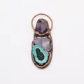 Detailed shot of long agate slice pendant with amethyst raw stones and bronze setting - Amethyst and Cyan Agate (No. 3)