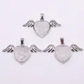 Three angel wing heart pendants with clear crystal stone and silver plating - 30x53mm / White Crystal