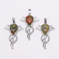 Key shaped pendant with natural unakite stone and angel wings in vintage style - Unakite