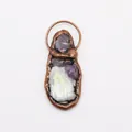 Detailed macro view of electroplated copper pendant with purple amethysts and agate slice - Amethyst and Agate Combination (No. 1)