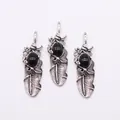 Vintage Silber Federanhänger mit ovalem schwarzem Onyx für DIY Schmuckherstellung - 19x62mm / Schwarzer Achat