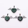 Heart-shaped ruby in zoisite pendant with silver angel wing frame for jewelry making - 30x53mm / Ruby Zoisite