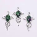 Gothic silver key pendant with wing design and ruby zoisite gemstone teardrop - Ruby Zoisite