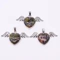Three heart-shaped natural stone pendants with silver angel wings for jewelry making - 30x53mm / Sesame Stone