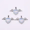 Blue opal heart pendant with silver angel wings for DIY jewelry making accessories - 30x53mm / Opal