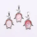 Drie pinguïnvormige zilveren hangers met roze ovale edelstenen voor DIY sieraden - Watermeloen Kwarts