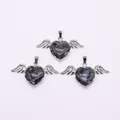 Three angel wing heart pendants with natural dark grey stone and silver metal finish - 30x53mm / Black Spectrolite