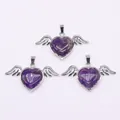 Three purple amethyst heart pendants with silver angel wings for DIY jewelry making - 30x53mm / Purple Crystal