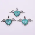Three heart turquoise angel wing pendants with silver metal frames for jewelry DIY - 30x53mm / Blue Turquoise