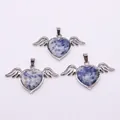 Blue marble heart stone pendant with silver angel wings detail and metal bail - 30x53mm / Blue Spot Stone