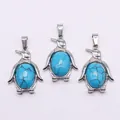 Zilveren pinguïn hanger met ovale blauwe steen voor het maken van DIY sieraden - Donkerblauw Turquoise