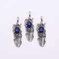 Vintage Silber Federanhänger mit ovalen Lapislazuli Steinen für DIY Schmuck - 19x62mm / Veredelter Lapislazuli
