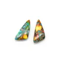 Macro view of two triangle synthetic emperor stone pendants with colorful mineral textures - Blue Yellow Red Green Mixed Style (No. 1)