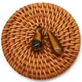 Pair of water-drop natural tiger eye stones with golden cat eye effect on rattan mat - Tiger's Eye