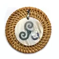 Natural shell round triskelion pendant with 18K silver bail on woven rattan - Triple Spiral Style (No. 4)