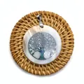 Natural white shell pendant with silver metal Tree of Life overlay on a woven tray - Tree of Life Style (No. 3)