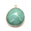 Round faceted light green agate pendant with polished gold-plated frame for jewelry - 24x32mm / Green Chalcedony