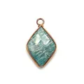 Macro detail of diamond-shaped amazonite gemstone pendant with rose gold plated metal edges - Amazonite