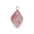 Faceted rhombic pink quartz stone pendant with silver plated metal edging and ring - Strawberry Quartz