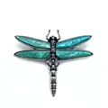 Detailed view of dragonfly brooch with silver-tone metal and blue shell inlay wings - Cyan Blue Mother of Pearl Style (No. 5)