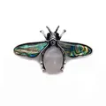 Detailed close-up of bee brooch featuring pink quartz stone and abalone shell wings - 41x57mm / Rose Quartz