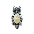 Macro detail of owl pendant with pink shell inlay and retro silver feather textures - 29x59mm, 15g / White Mother of Pearl