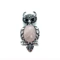 Detail of owl pendant with pink stone and vintage silver engraving textures - 29x59mm, 15g / Rose Quartz