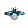 Vintage bee brooch with abalone shell wings and light blue natural stone pendant inlay - 41x57mm / Opal