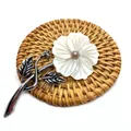 Handcrafted shell flower brooch with vintage silver stem and natural pearl accent - Five-Petal Round Flower With Leaves Style (No.1)