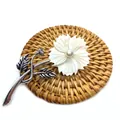 Exquisite flower brooch with white shell petals and pearl on a natural rattan base - Multi-Layered Overlapping Petal Floral Style (No.2)