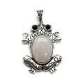 Silver frog pendant with pink quartz stone and intricate floral engravings for necklaces - Rose Quartz