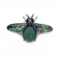 Bee pendant brooch featuring abalone shell wings and oval green stone in vintage metal - 41x57mm / Green Aventurine