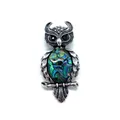 Retro owl pendant brooch in silver finish featuring iridescent abalone shell inlay - 29x59mm, 15g / Abalone Shell