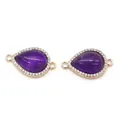 Macro detail of teardrop purple amethyst pendants with sparkling halo and gold dual-loops - Purple Crystal