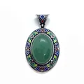 Pendente vintage ovale in cloisonné con pietra naturale verde e smalto floreale - Aventurina verde