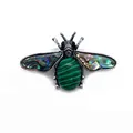 Vintage silver insect bee brooch featuring green malachite stone and abalone shell wings - 41x57mm / Malachite
