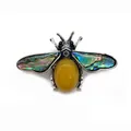 Antique silver bee brooch featuring colorful abalone shell wings and yellow gemstone - 41x57mm / Topaz