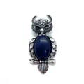 Vintage silver owl pendant with deep blue oval stone and intricate metal feather details - 29x59mm, 15g / Enhanced Lapis Lazuli