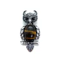 Owl brooch with oval tiger eye stone inlay and vintage silver feather texture - 29x59mm, 15g / Tiger's Eye
