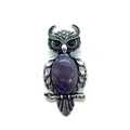 Owl pendant brooch in vintage silver finish with purple oval stone inlay - 29x59mm, 15g / Purple Crystal